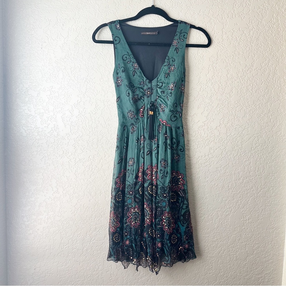 Hazel turquoise sequin floral silk mini dress